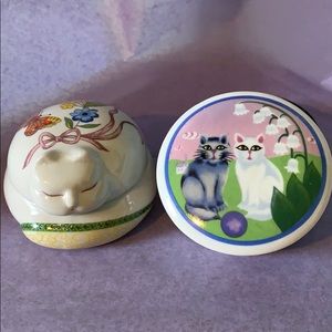 Two Vintage 1980s Hand Painted Cat Trinket Boxes